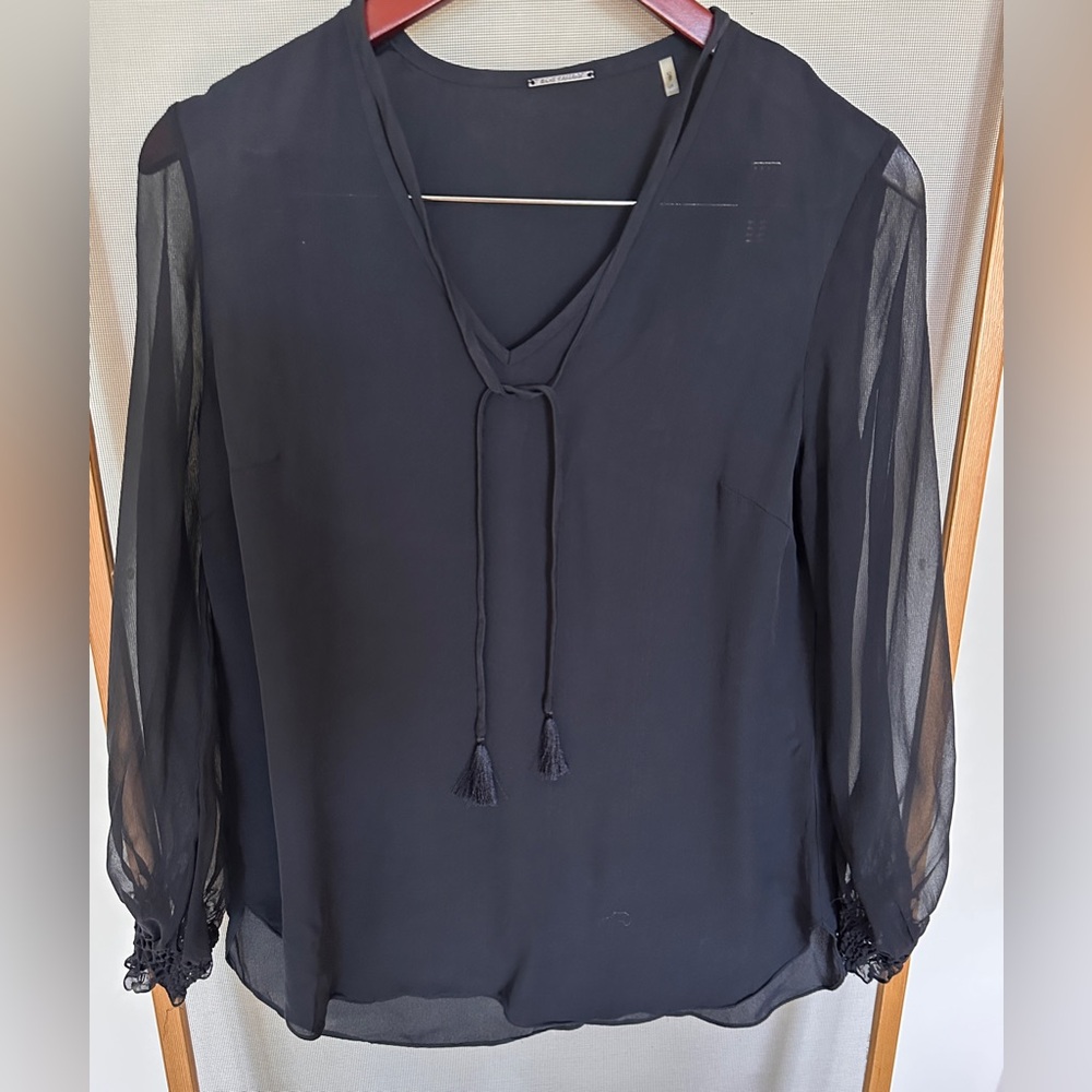 Elie Tahari Navy Blouse with Sheer Sleeves